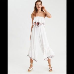 American Eagle White Embroidered Cropped Wide Leg Jumpsuit